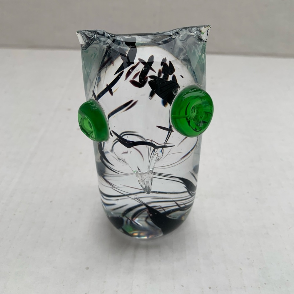 Kalmar Swedish Glass Owl Paperweight Clear W/Black Swirls Inside & Green Eyes